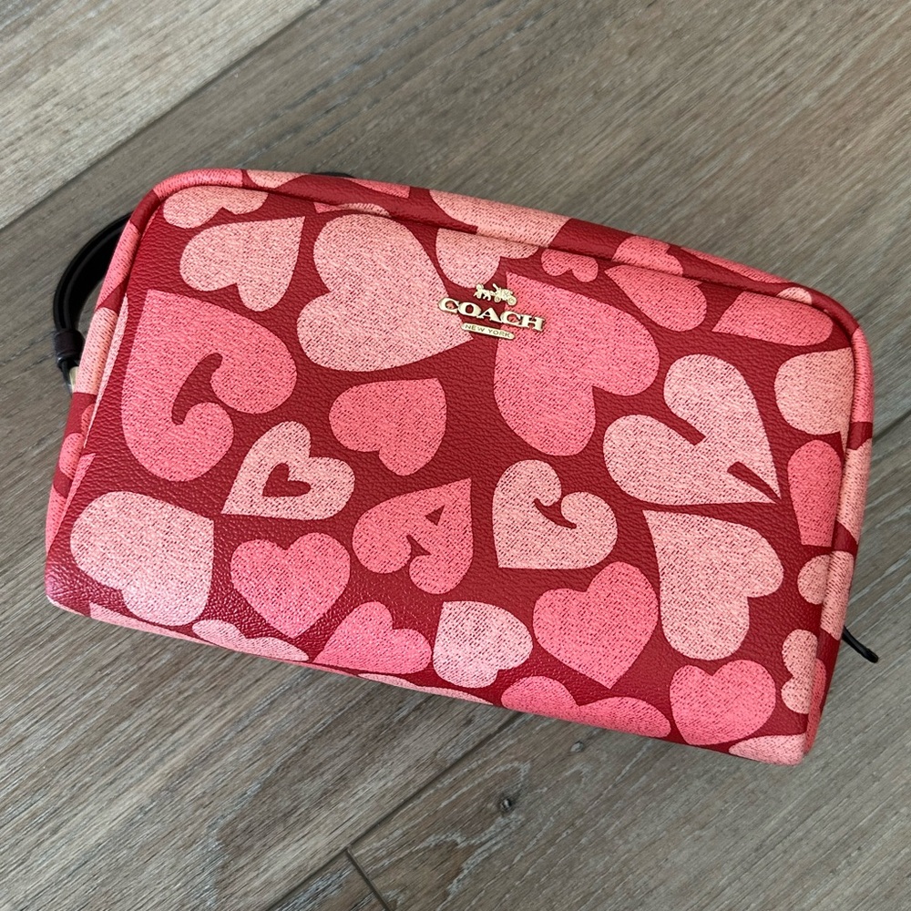 Coach Cosmetic Bag Wristlet Purse with Zip Top, Red with Hearts!